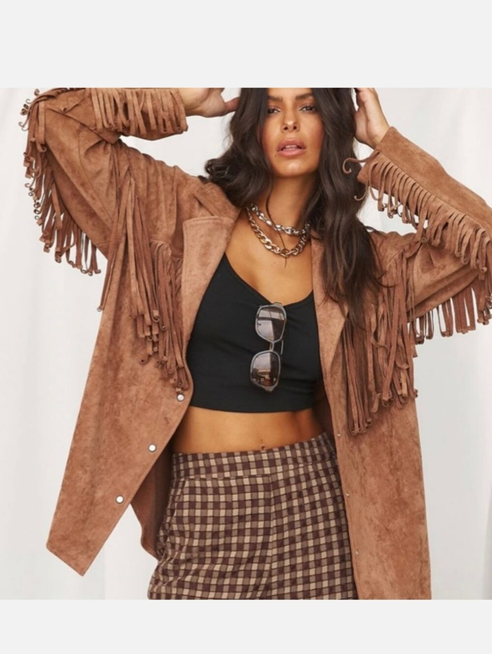 12th Tribe Desert Palm Brown Fringe Fauxp Suede Jacket L NWT